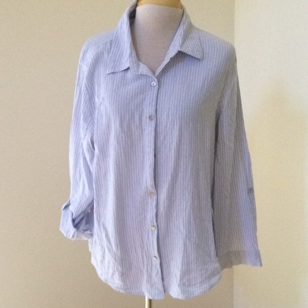 Calypso XL blue striped tab sleeve linen shirt.